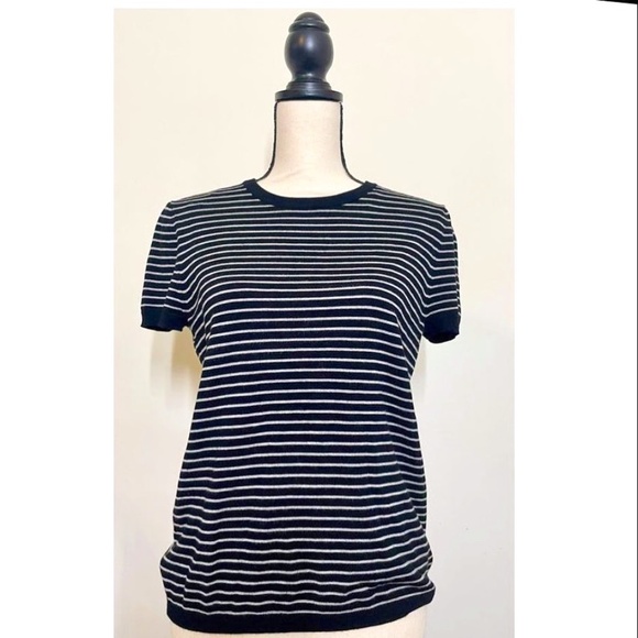 Premise / Black & White Striped / Short Sleeve Sweater w Gold Exposed Zipper / M - Picture 5 of 5